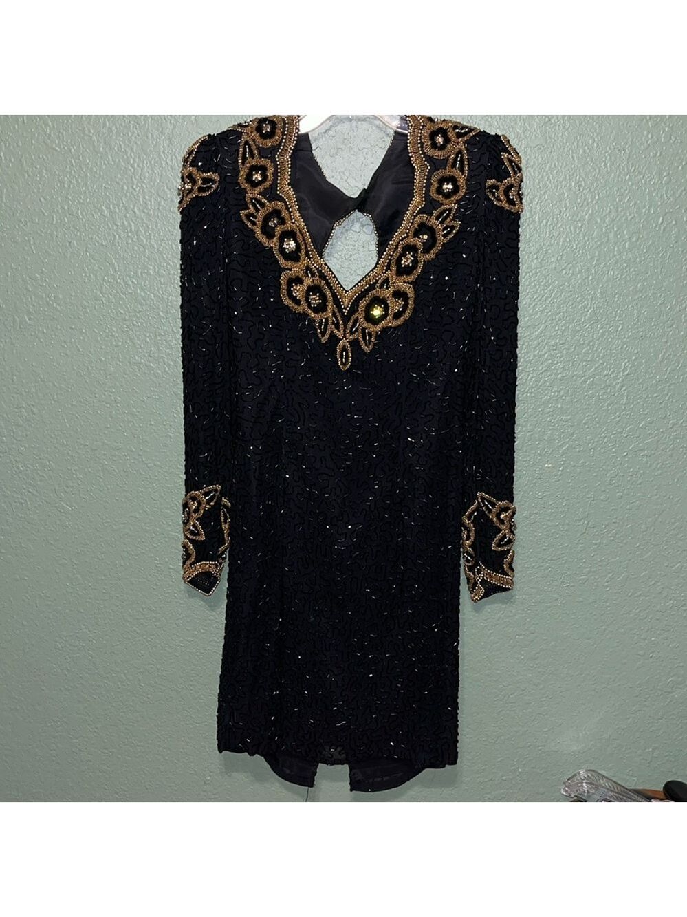 vintage long sleeve heavily beaded black and gold silk dress 70s 80s Morigana - Picture 2 of 8
